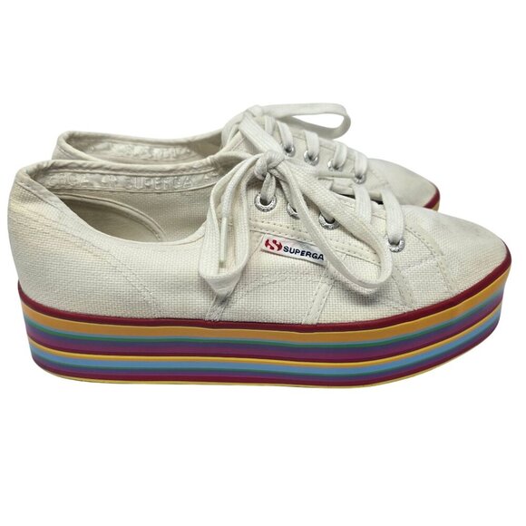 Superga Womens White Canvas Sneakers With Rainbow Platform Sole - Picture 3 of 7